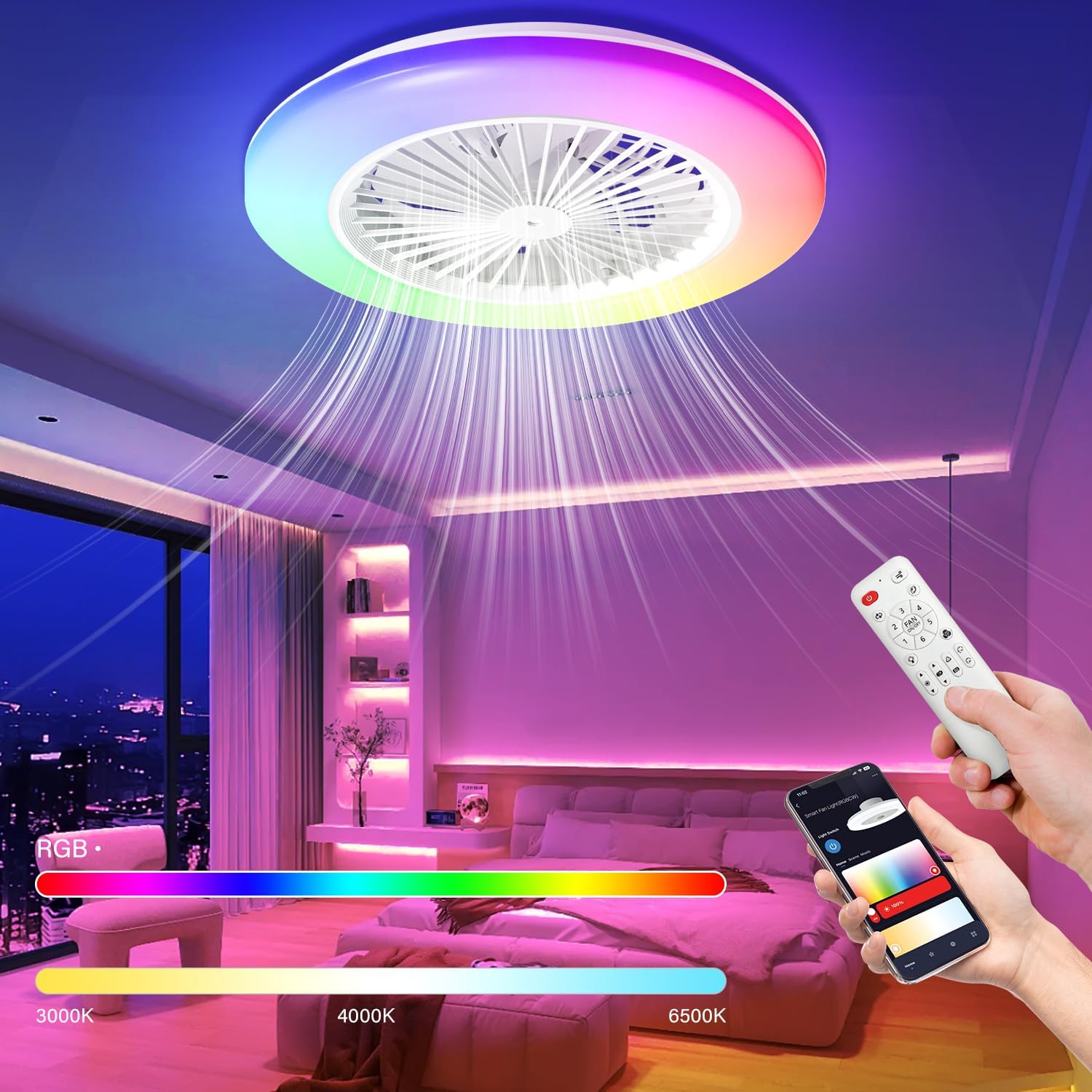 Deckenventilator Mit Beleuchtung, Smart RGB LED Fan Licht, φ50cm Deckenleuchte mit Ventilator, dimmbar, App und Fernbedienung, 6-Gang, 3 Farbtemperatur, Timer, Sommer/Wintermodus