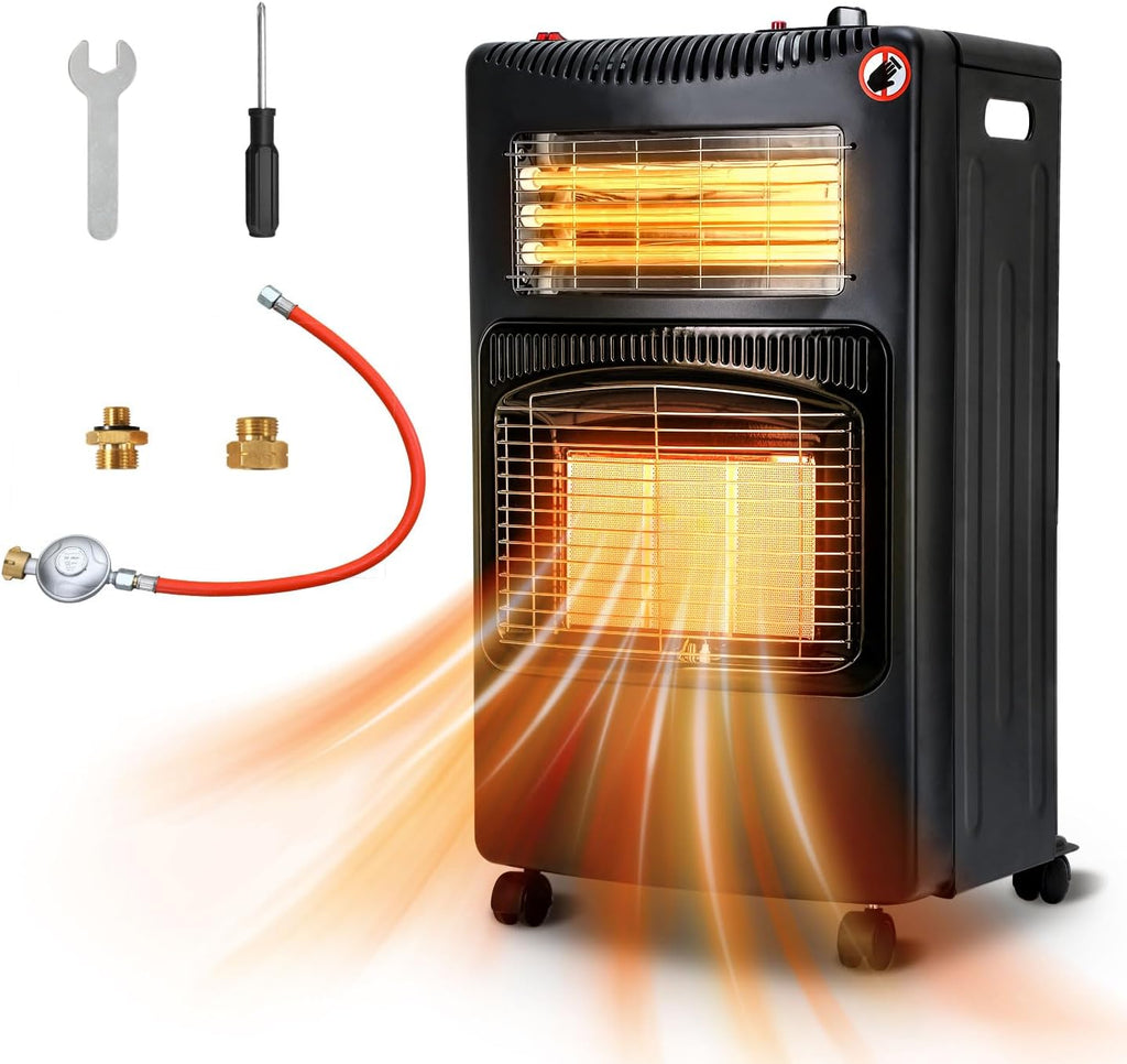 Gasheizer 4200W, Elektroheizung 1260W, Infrarot Keramikbrenner, Gas Heizstrahler inkl. Gasdruckregler & Gasschlauch, Gasheizofen, Butan- oder Propangasflaschen bis 15kg