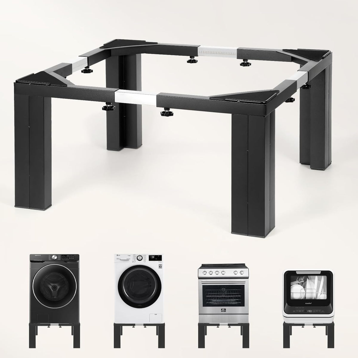 Edelstahl-Waschmaschinen-Untergestell, verstellbar 50–80 cm, mit Skalenverstellung, Vibrationsschutz & Rutschfestigkeit, Tragkraft 400 kg, für Waschmaschine/Trockner, schwarz.