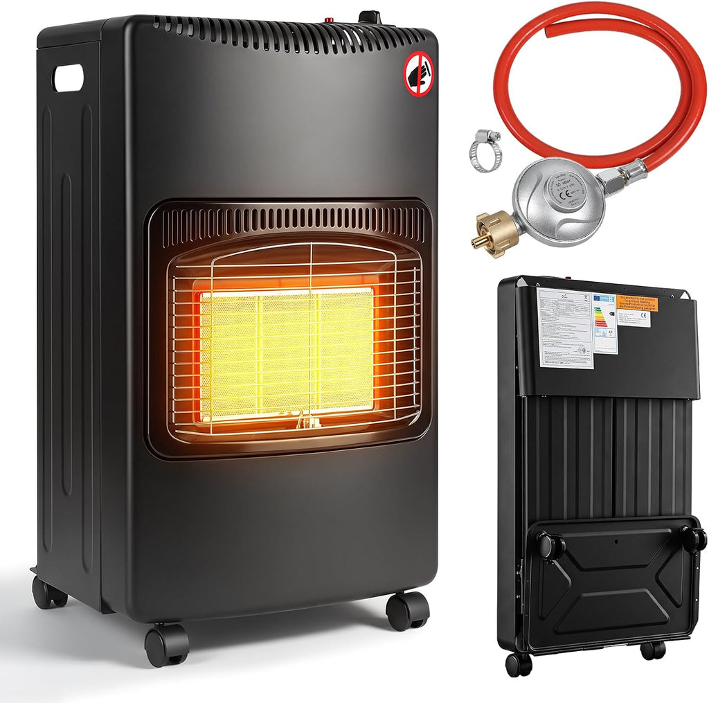 Gasheizung für Innenräume 4200W, Gasofen, 3 Stufen, Gasschlauch Gasheizer mit 3 Heizstufen, ODS-System, Druckregler und Gasschlauch für Balkon, überdachte Terrasse und belüftete Räume