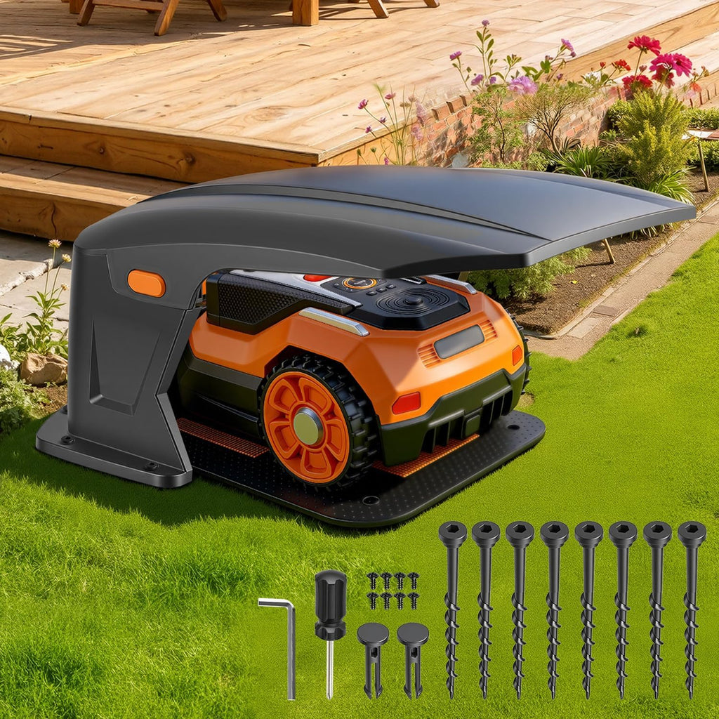 Hochklappbar Mähroboter Garage Kompatible Ladestationen Schutzüberdachung für Rasenroboter Zubehör für Mähroboter Keine Signalblockierung UV-Schutz, Gegen Regen und Hagel 70.5x57x33cm
