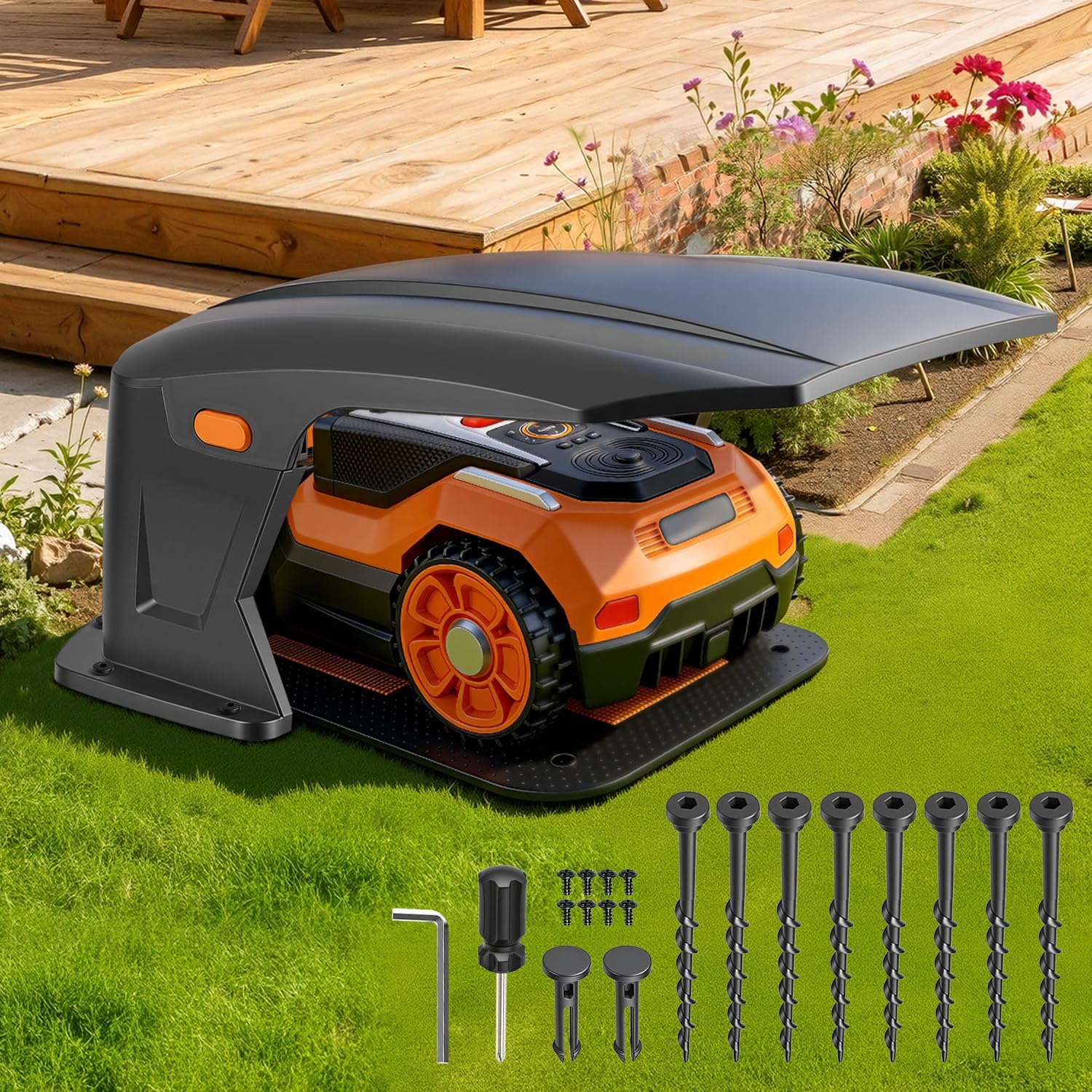 Hochklappbar Mähroboter Garage Kompatible Ladestationen Schutzüberdachung für Rasenroboter Zubehör für Mähroboter Keine Signalblockierung UV-Schutz, Gegen Regen und Hagel 70.5x57x33cm