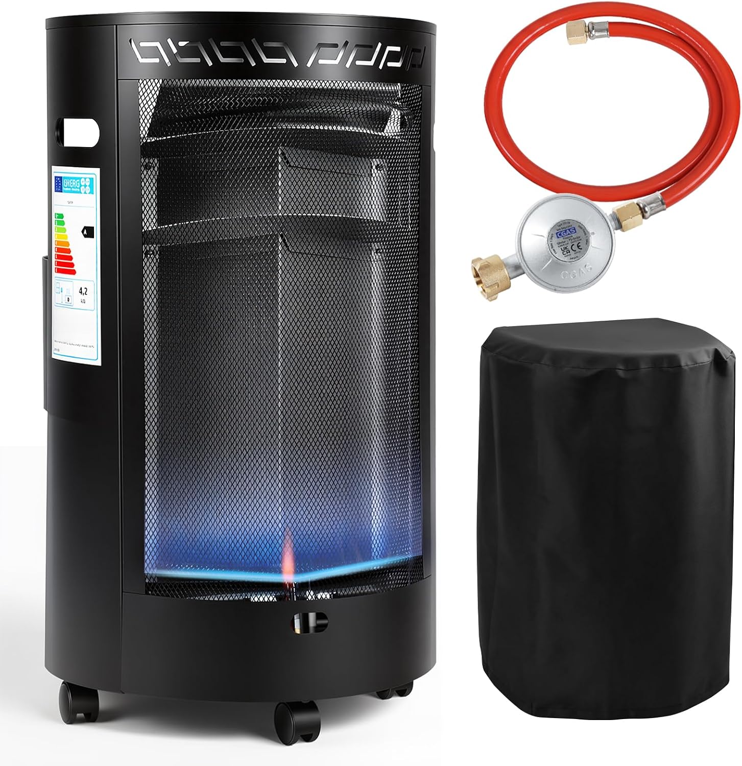 Gasheizung für Innenräume 4200W, Gasofen, 2 Stufen, Gasschlauch Gasheizer mit Dreieckbrenner, Druckregler, Gasschlauch und Schutzhülle für Balkon, überdachte Terrasse und belüftete Räume