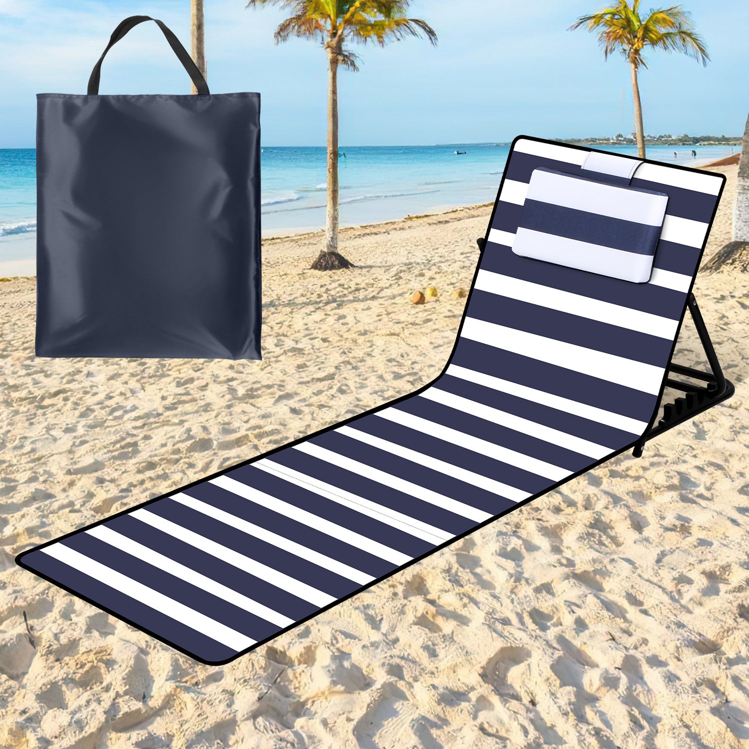 Strandliege Klappbar leicht, strandmatten gepolstert,Strandliege mit Handtasche,Staufächern,eingebautes Kissen mit 5-Gang-Einstellung, verschleißfestes Gewebe(158cm)