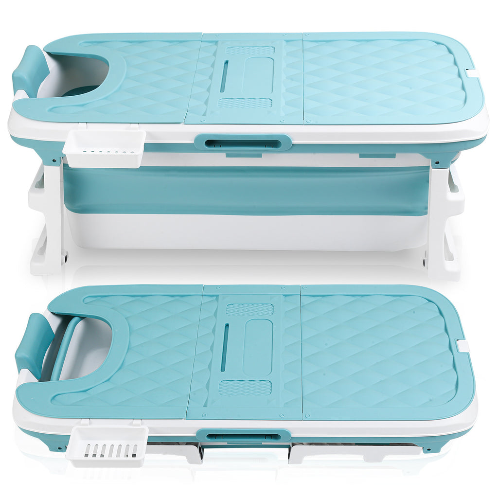 Faltbare Badewanne für Erwachsene, Klappbadewanne mit Abdeckung, Ablagekorb und Doppelablauf, platzsparende mobile Badewanne für Bad Dusche Balkon, Blau