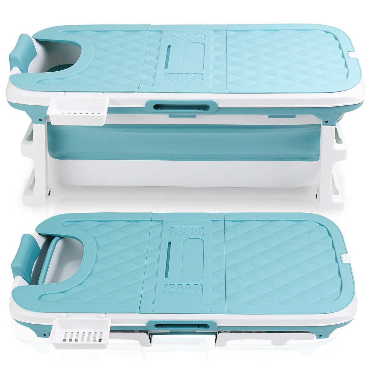 Faltbare Badewanne für Erwachsene, Klappbadewanne mit Abdeckung, Ablagekorb und Doppelablauf, platzsparende mobile Badewanne für Bad Dusche Balkon, Blau