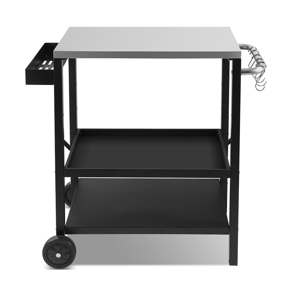 Grillbeistelltisch | Outdoor-Grilltisch mit Verstellbarer Ablage, Gewürzregal und 6X Haken, mobiler Grillwagen mit 2 Rollen, Küchenwagen für Grill und Pizza, 84x67x41cm