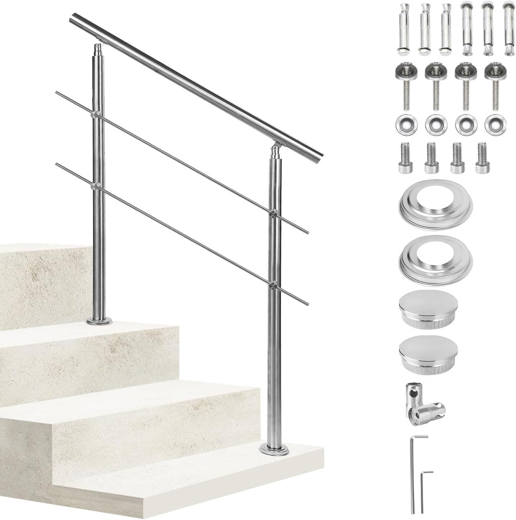Handlauf Edelstahl 80/100/120/150/160/180 cm, Treppengeländer mit 2 Querstreben | Rostfrei, Wetterfest, Gebürstet, Winkelverstellbar für Innen & Außen und für Treppen, Balkon & Eingang