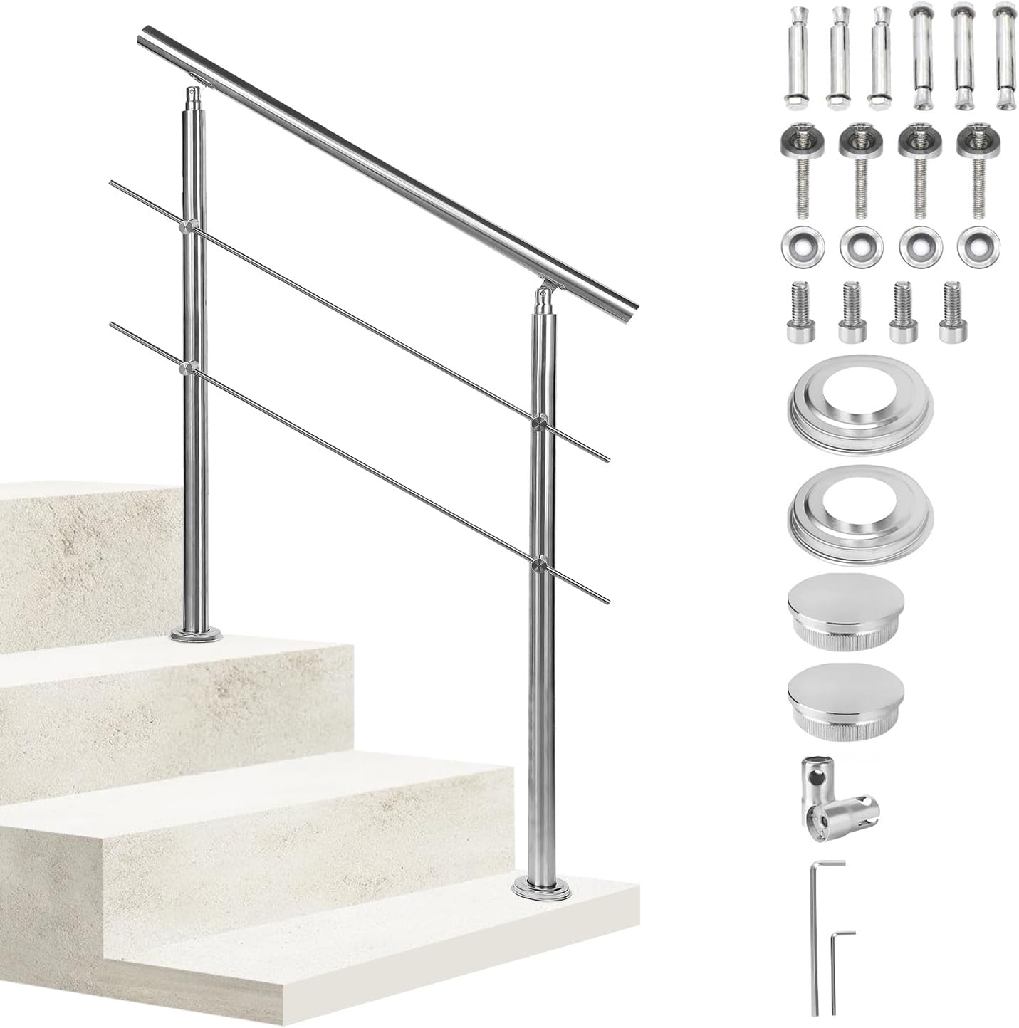 Handlauf Edelstahl 80/100/120/150/160/180 cm, Treppengeländer mit 2 Querstreben | Rostfrei, Wetterfest, Gebürstet, Winkelverstellbar für Innen & Außen und für Treppen, Balkon & Eingang