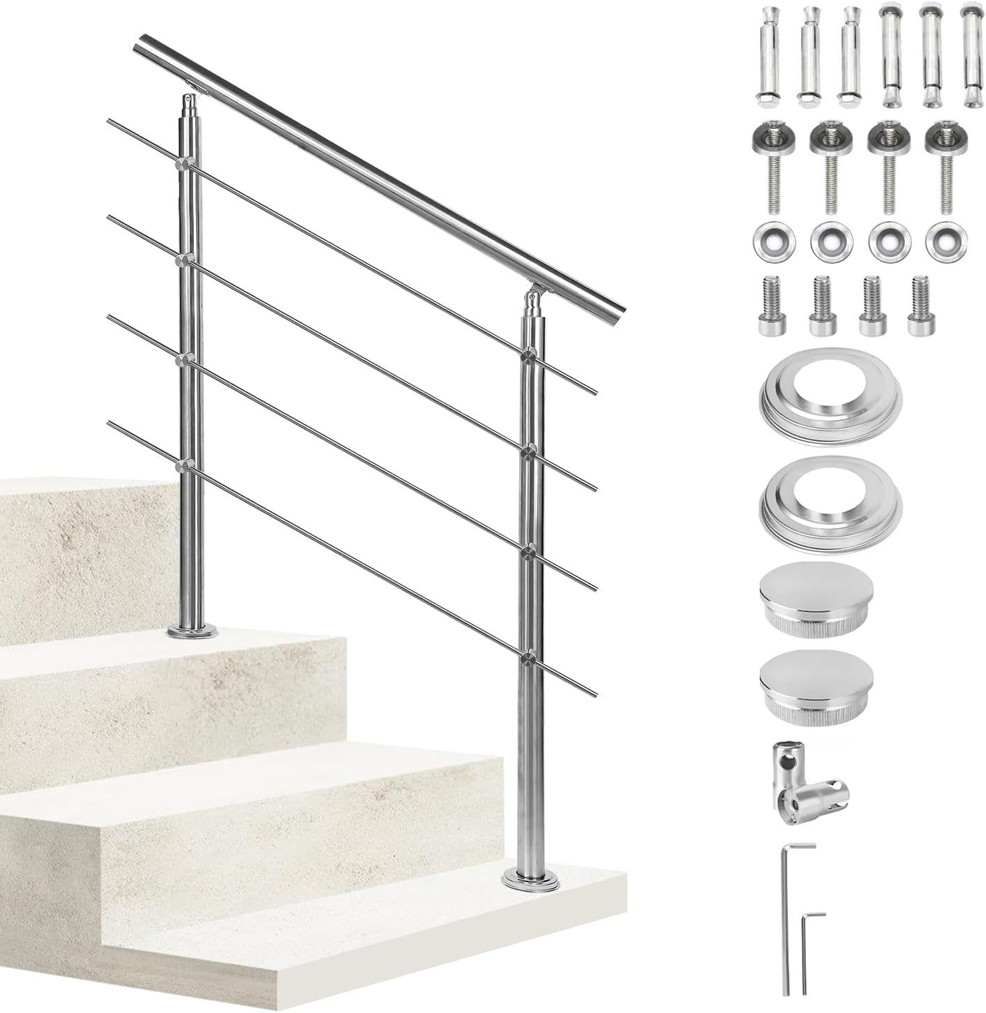 Handlauf Edelstahl 80/100/120/150/160/180 cm, Treppengeländer mit 4 Querstreben | Rostfrei, Wetterfest, Gebürstet, Winkelverstellbar für Innen & Außen und für Treppen, Balkon & Eingang（副本）（副本）