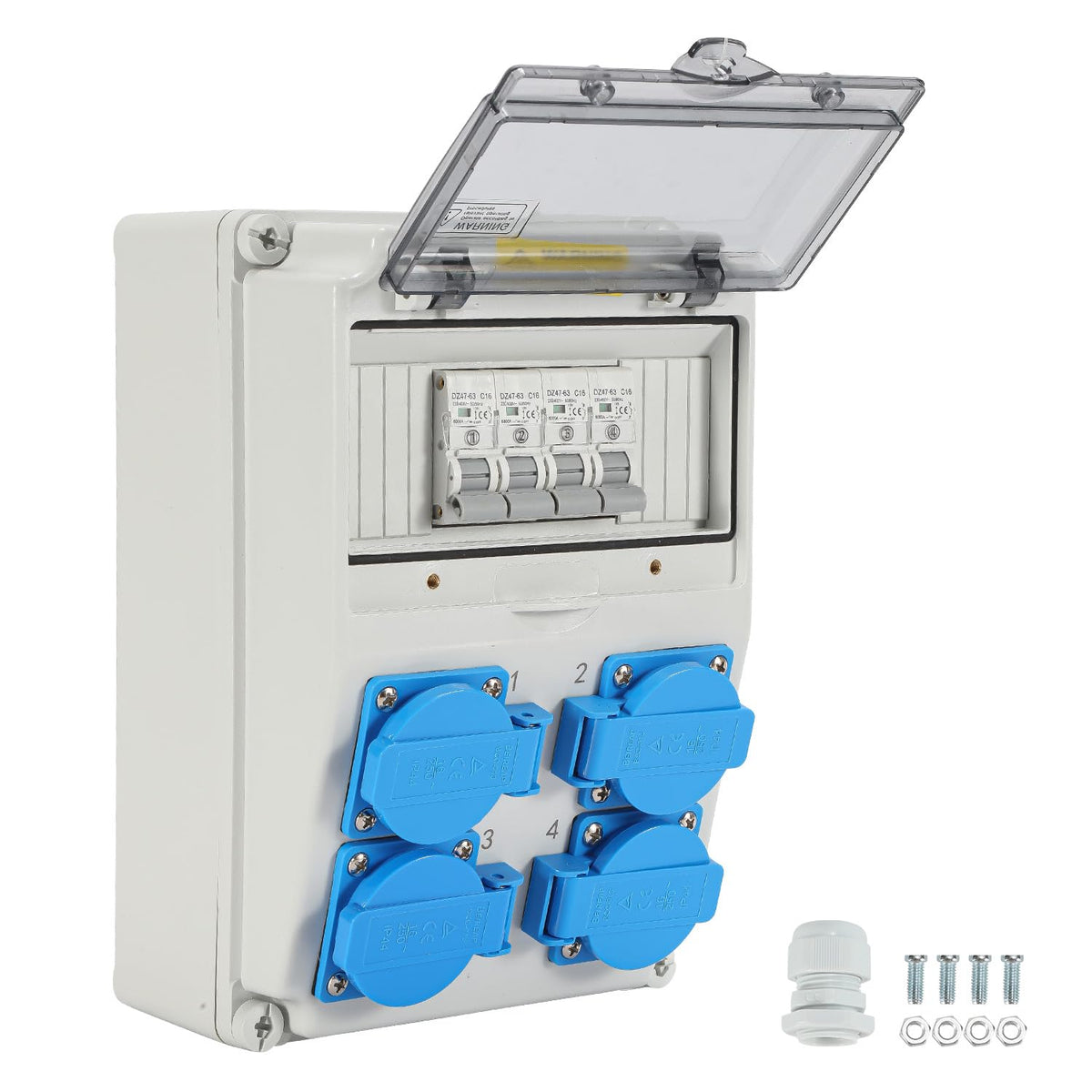 Wandverteiler, Baustromverteilerkasten mit 4xSchuko-Steckdose16A 250V, 4xCEE Steckdosen 16A 1P, Baustromverteiler mit Leitungsschutzschalter und Wasserdichte für Innen und Außen