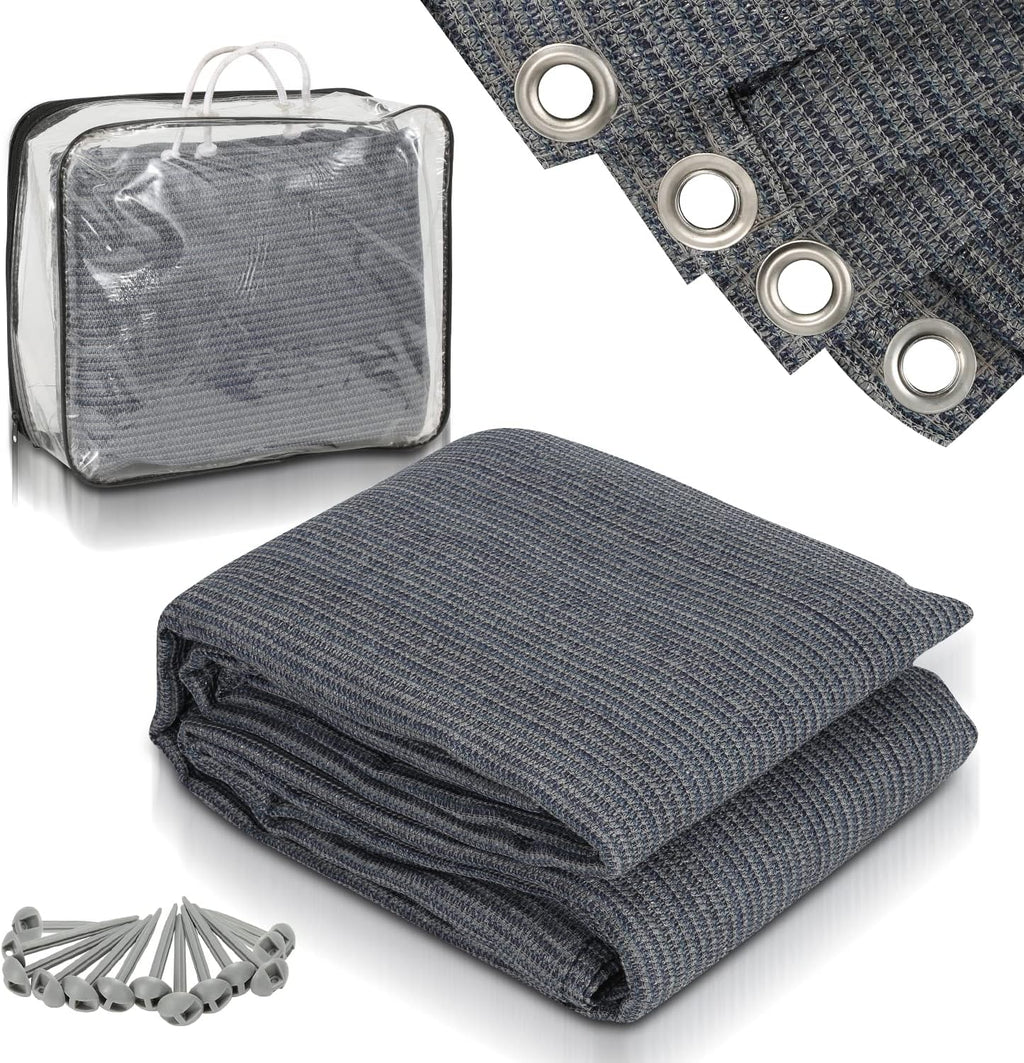 Vorzeltteppich Markisenteppich, Campingteppich atmungsaktiv rutschfest,Waschbare, Zeltteppich mit 12 Löchern, 13 Heringe und Tragetasche,Vorzeltboden Verschiedene Größen(Grau Blau)