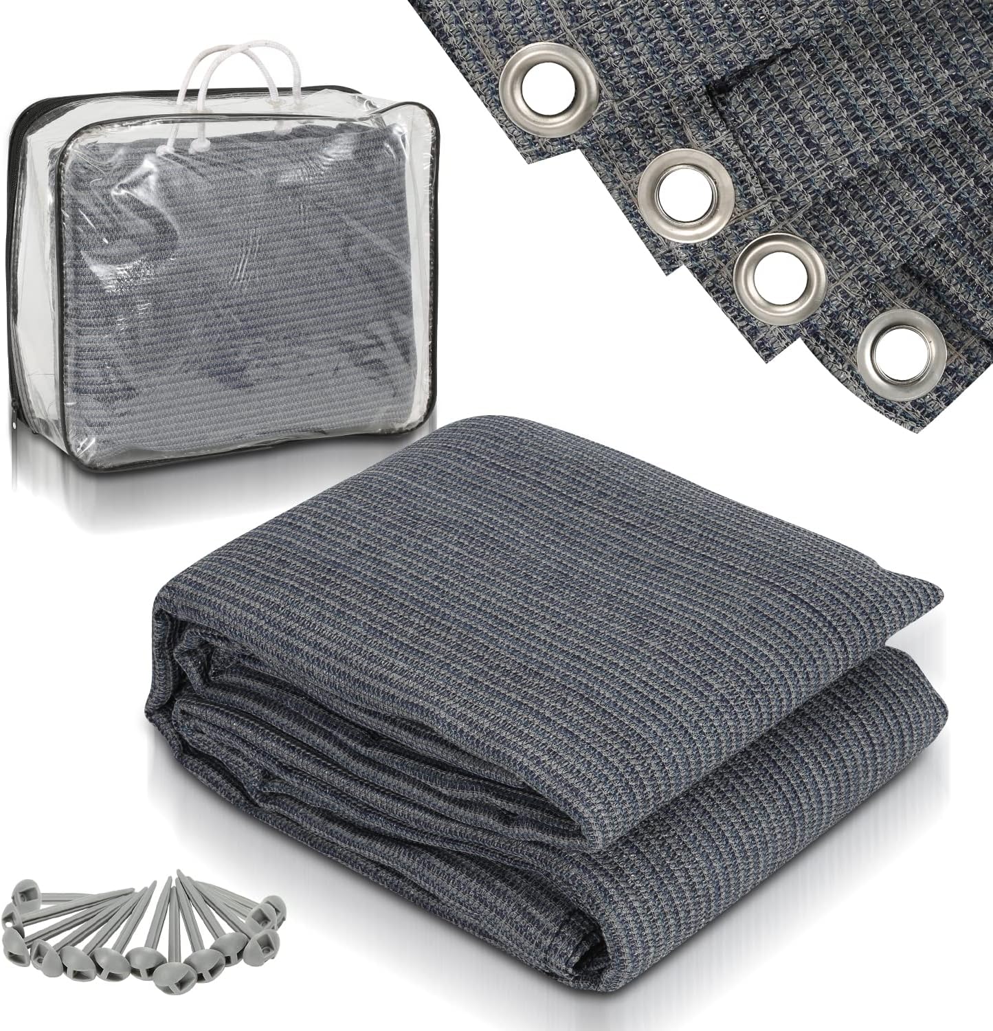Vorzeltteppich Markisenteppich, Campingteppich atmungsaktiv rutschfest,Waschbare, Zeltteppich mit 12 Löchern, 13 Heringe und Tragetasche,Vorzeltboden Verschiedene Größen(Grau Blau)