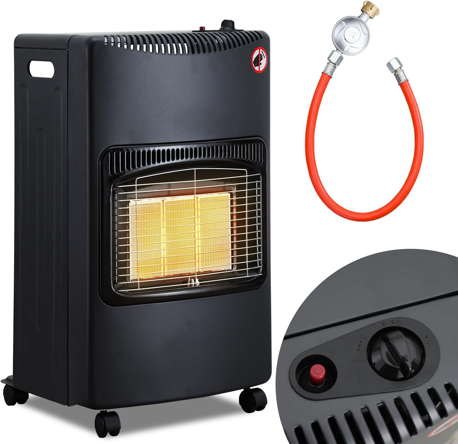 Gasheizung für Innenräume 4200W, Gasofen, 3 Stufen, 2 EU-Adapter Gasheizer mit 3 Heizstufen, ODS-System, 2 EU-Adaptern und 5 Rollen für Balkon, überdachte Terrasse und belüftete Räume