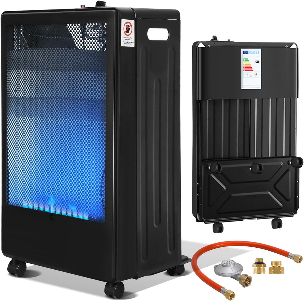 Gasheizung für Innenräume 3800W, Gasofen, 2 Stufen, 2 EU-Adapter Gasheizer mit 2 Heizstufen, ODS-System, 2 EU-Adaptern und 5 Rollen für Balkon, überdachte Terrasse und belüftete Räume