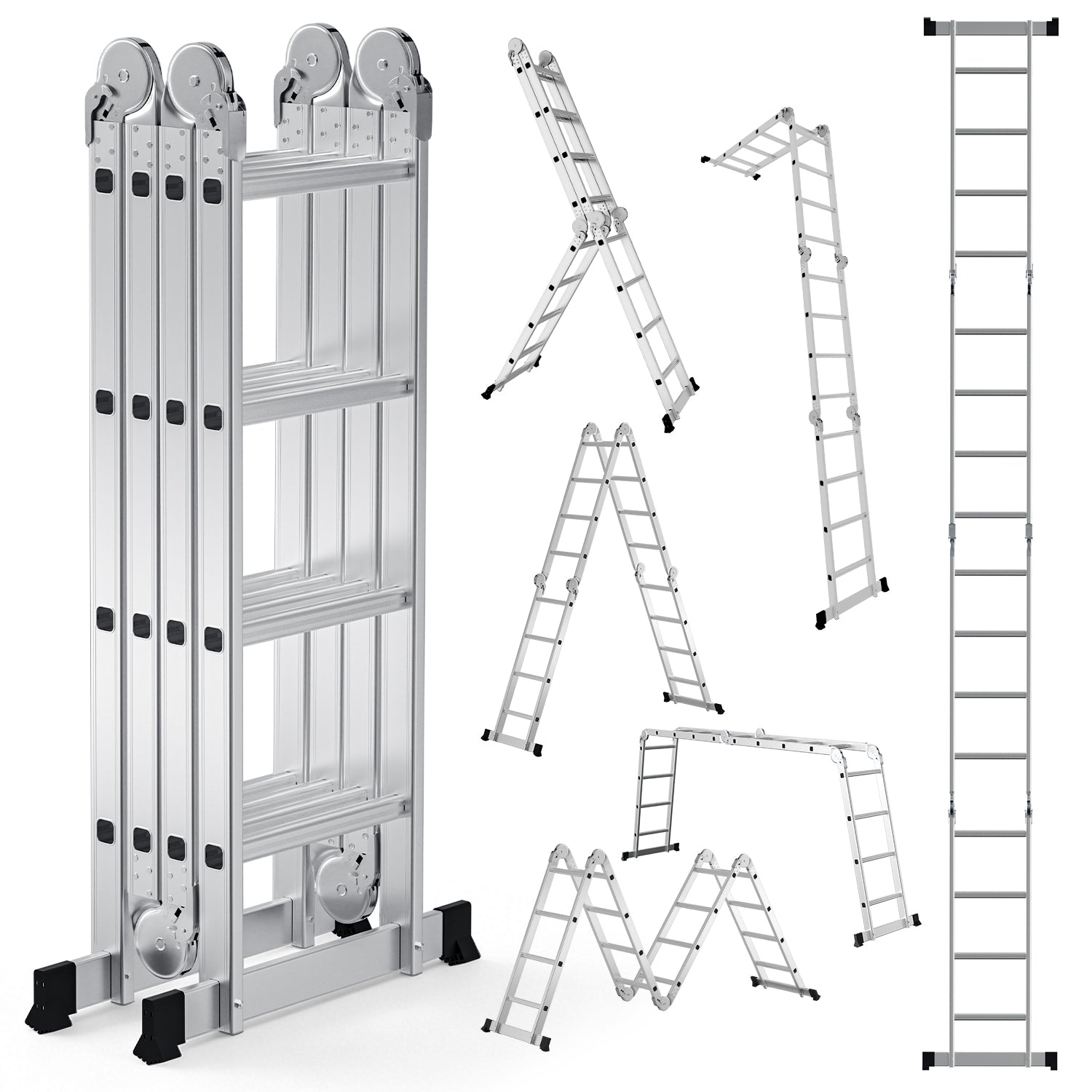 7-in-1-Multifunktionsleiter aus Aluminium, Tragkraft bis zu 150 kg, multifunktional, zusammenklappbar, einsetzbar als Anlehntreppe, Stehleiter und Treppenleiter, geeignet für Haushalt, Garten und Werkstatt, wahlweise mit 4x3, 4x4 oder 4x5 Sprossen.