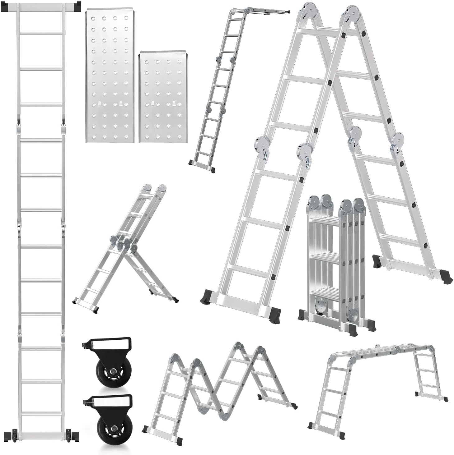 Multifunktionsleiter aus Aluminiumlegierung, Multifunktionsleiter mit Plattform, Leiter mit 2 Gerüstbrettern, Trittleiter mit einer Tragkraft von 150 kg, silberfarben, wahlweise mit 4x3/4×4 oder 4×5 Sprossen.
