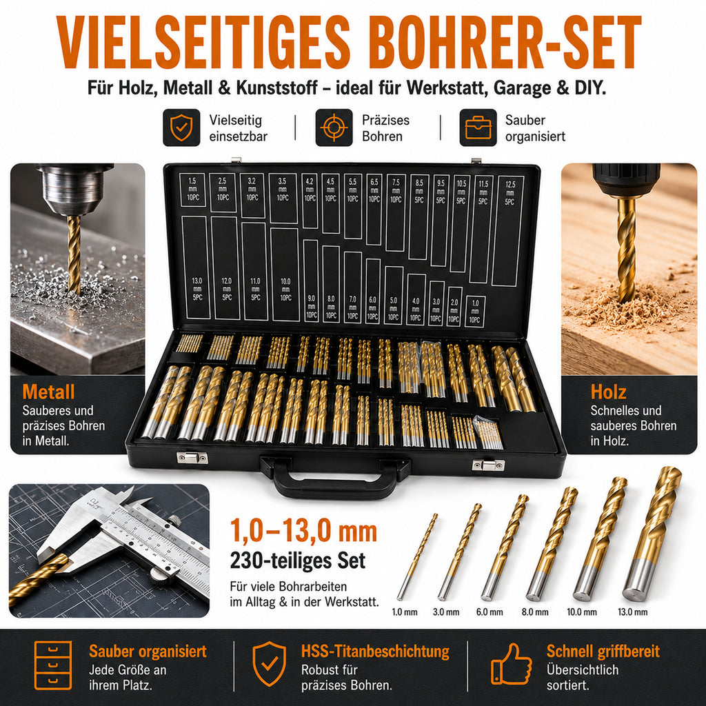 230-teiliges Set aus titanbeschichteten Schnellarbeitsstahl-Spiralbohrern, geeignet für Metall, Durchmesser 1–13 mm, gemäß DIN 338, inklusive Aufbewahrungskoffer, geeignet für Metall- und Holzbearbeitung, Reparaturen sowie den Einsatz in der Werkstatt