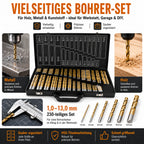 230-teiliges Set aus titanbeschichteten Schnellarbeitsstahl-Spiralbohrern, geeignet für Metall, Durchmesser 1–13 mm, gemäß DIN 338, inklusive Aufbewahrungskoffer, geeignet für Metall- und Holzbearbeitung, Reparaturen sowie den Einsatz in der Werkstatt