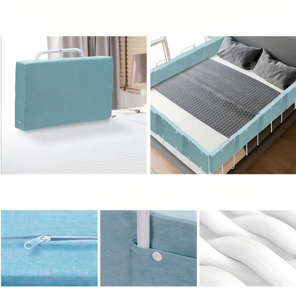 Bettgitter, 50/60 cm, Absturzsicherung, Sicherheitsgitter für Kinderbetten, in 5 Stufen höhenverstellbares Bett, Absturzsicherung, Bettgitter für Kinderbetten, Babybett und Familienbett (Leinen-Grau/Grün), optional
