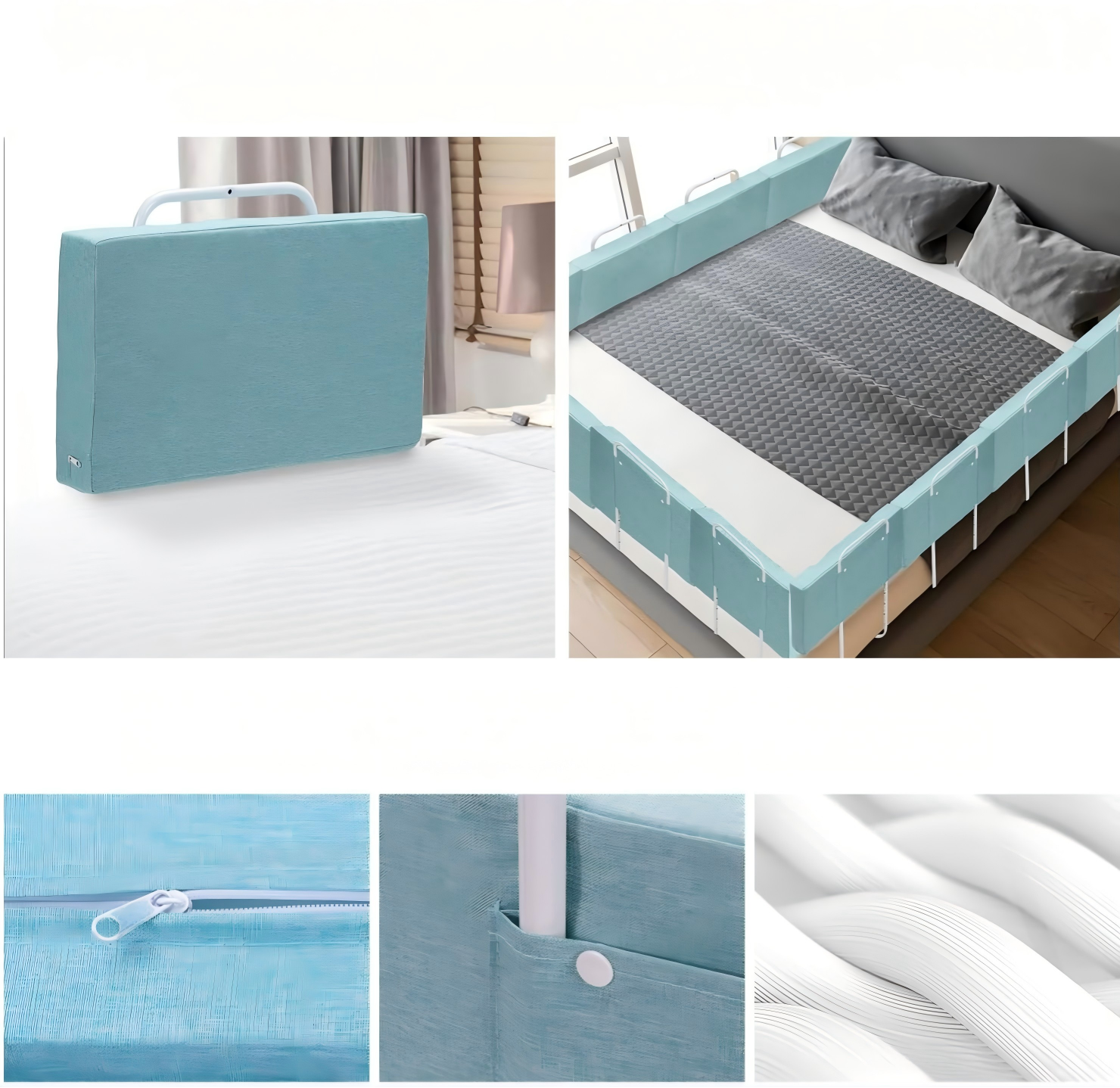 Bettgitter, 50/60 cm, Absturzsicherung, Sicherheitsgitter für Kinderbetten, in 5 Stufen höhenverstellbares Bett, Absturzsicherung, Bettgitter für Kinderbetten, Babybett und Familienbett (Leinen-Grau/Grün), optional