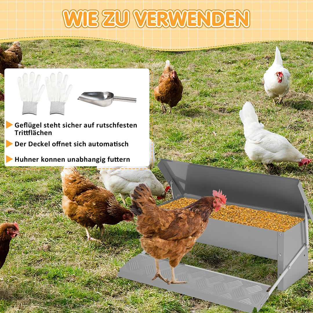50 x 20 x 19 cm großer automatischer Futterautomat mit automatischem Fußschalter und wasserdichter Abdeckung, Futtertrog aus verzinktem Stahl für Geflügel, 5-kg-Futterautomat (mit Rattenschutz), nur Futterautomat / Futterautomat + mit Edelstahlschaufel