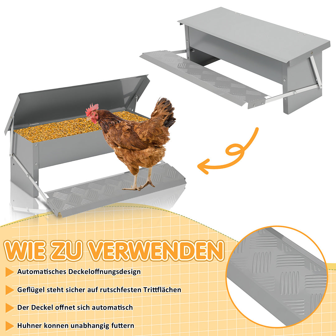 50 x 20 x 19 cm großer automatischer Futterautomat mit automatischem Fußschalter und wasserdichter Abdeckung, Futtertrog aus verzinktem Stahl für Geflügel, 5-kg-Futterautomat (mit Rattenschutz), nur Futterautomat / Futterautomat + mit Edelstahlschaufel