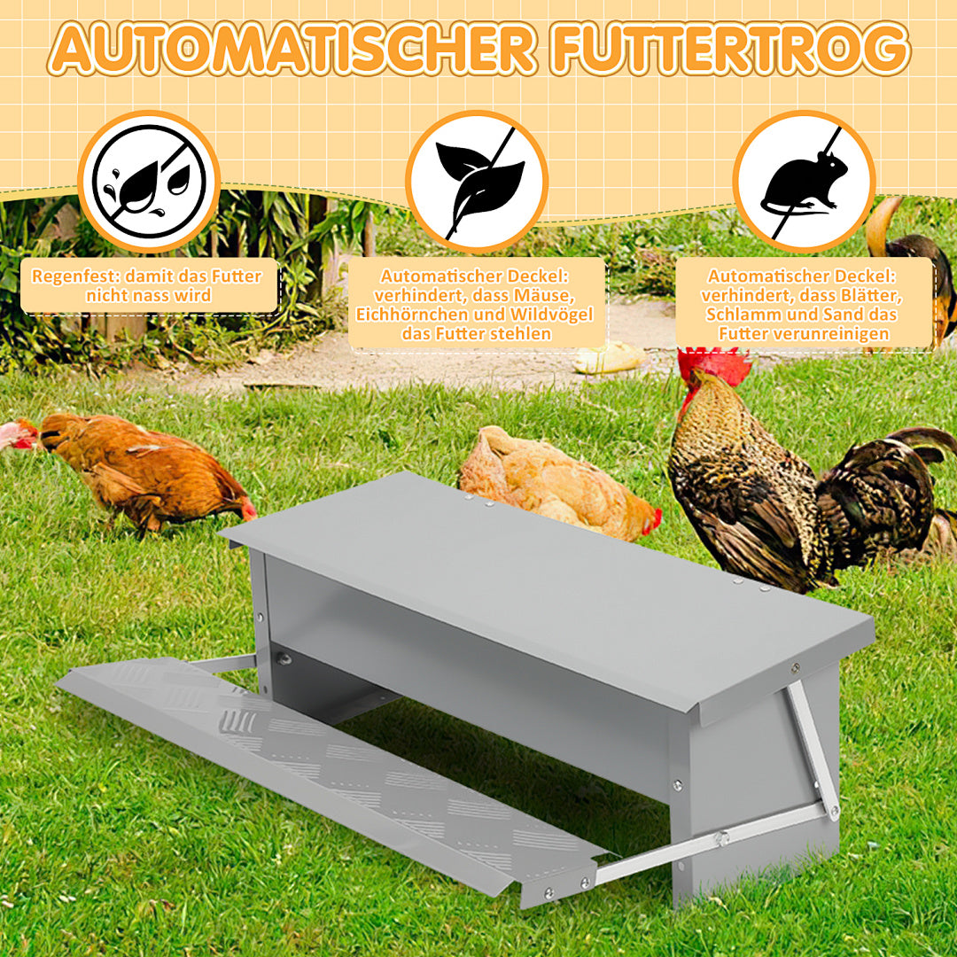 50 x 20 x 19 cm großer automatischer Futterautomat mit automatischem Fußschalter und wasserdichter Abdeckung, Futtertrog aus verzinktem Stahl für Geflügel, 5-kg-Futterautomat (mit Rattenschutz), nur Futterautomat / Futterautomat + mit Edelstahlschaufel