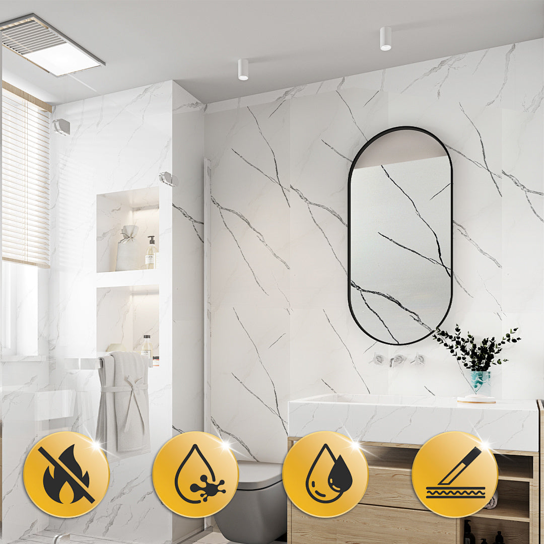 4er-Set Wandpaneele in Marmoroptik, PVC-Wandverkleidung, 120 x 60 cm, zur Selbstmontage, wasserfeste 3D-Dekorplatten für Küche und Bad, grau/weiß/weiß-gold/schwarz-weiß