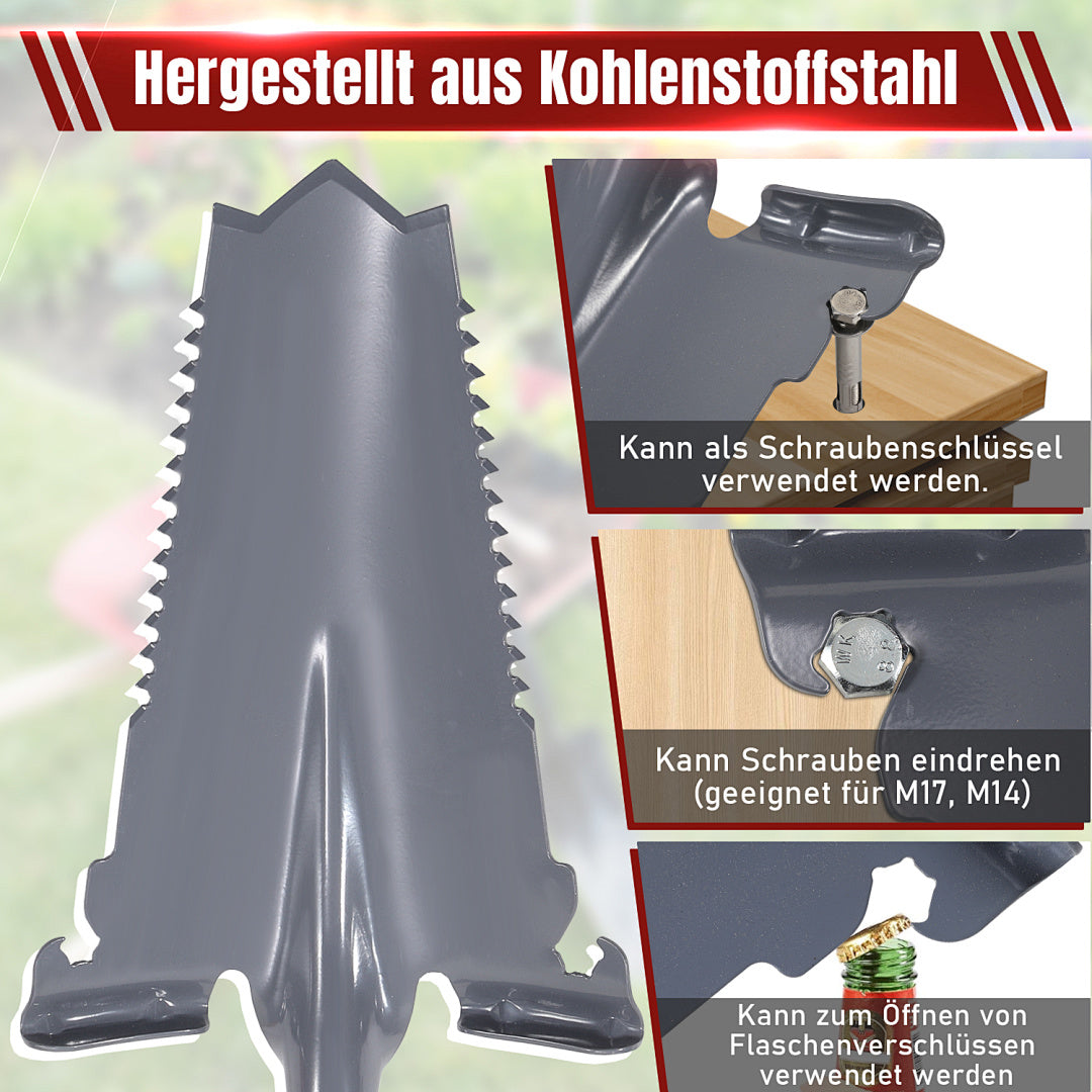 114 cm lange Gartenschaufel, vielseitig einsetzbare Gartenschaufel, V-förmige Wurzelschaufel mit gezahnter Klinge, geeignet für harten, steinigen Boden; diese Wurzelschaufel verfügt über eine breite Trittkante und einen ergonomischen Griff