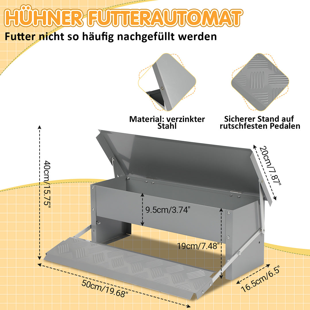 50 x 20 x 19 cm großer automatischer Futterautomat mit automatischem Fußschalter und wasserdichter Abdeckung, Futtertrog aus verzinktem Stahl für Geflügel, 5-kg-Futterautomat (mit Rattenschutz), nur Futterautomat / Futterautomat + mit Edelstahlschaufel
