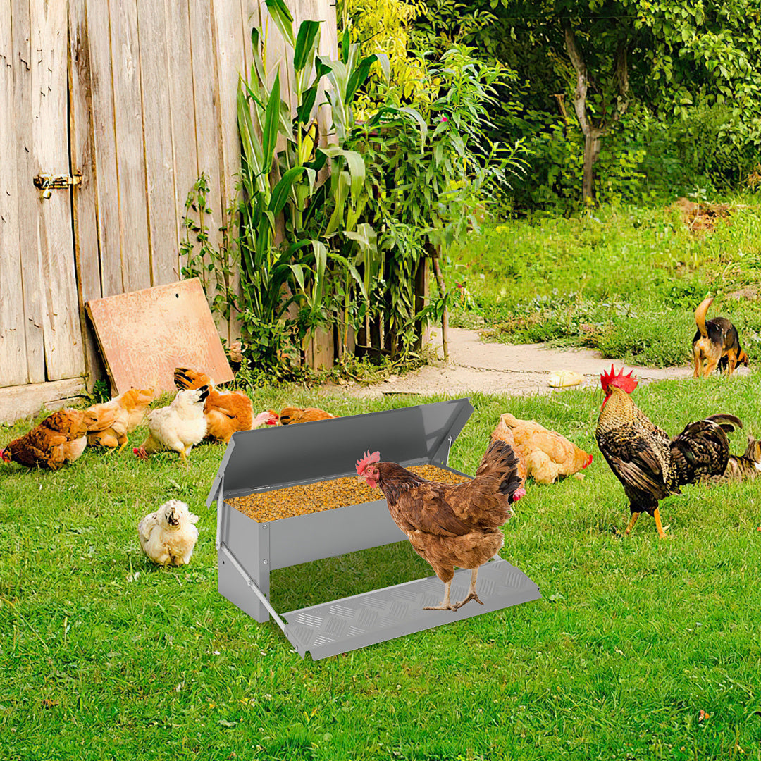 50 x 20 x 19 cm großer automatischer Futterautomat mit automatischem Fußschalter und wasserdichter Abdeckung, Futtertrog aus verzinktem Stahl für Geflügel, 5-kg-Futterautomat (mit Rattenschutz), nur Futterautomat / Futterautomat + mit Edelstahlschaufel