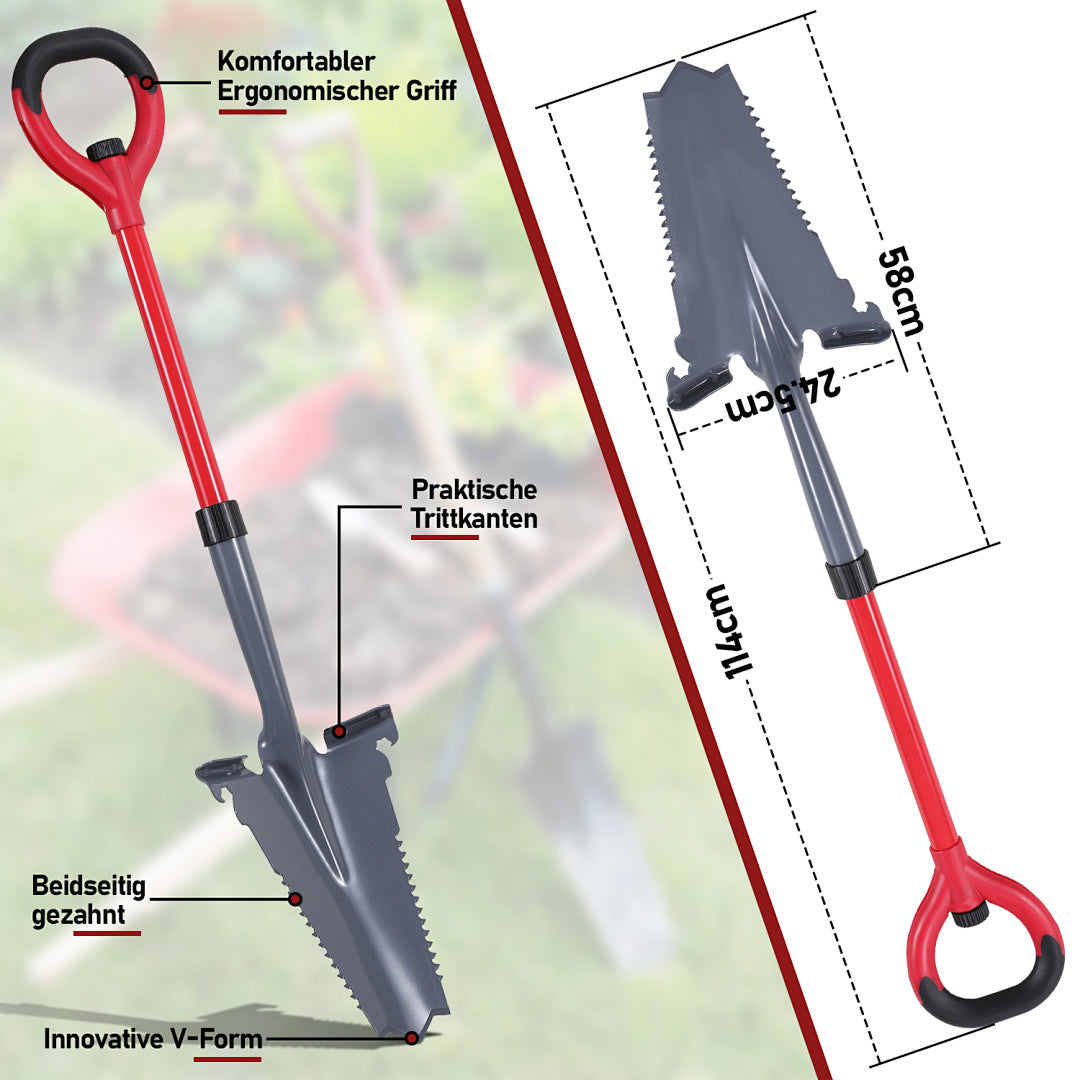 114 cm lange Gartenschaufel, vielseitig einsetzbare Gartenschaufel, V-förmige Wurzelschaufel mit gezahnter Klinge, geeignet für harten, steinigen Boden; diese Wurzelschaufel verfügt über eine breite Trittkante und einen ergonomischen Griff