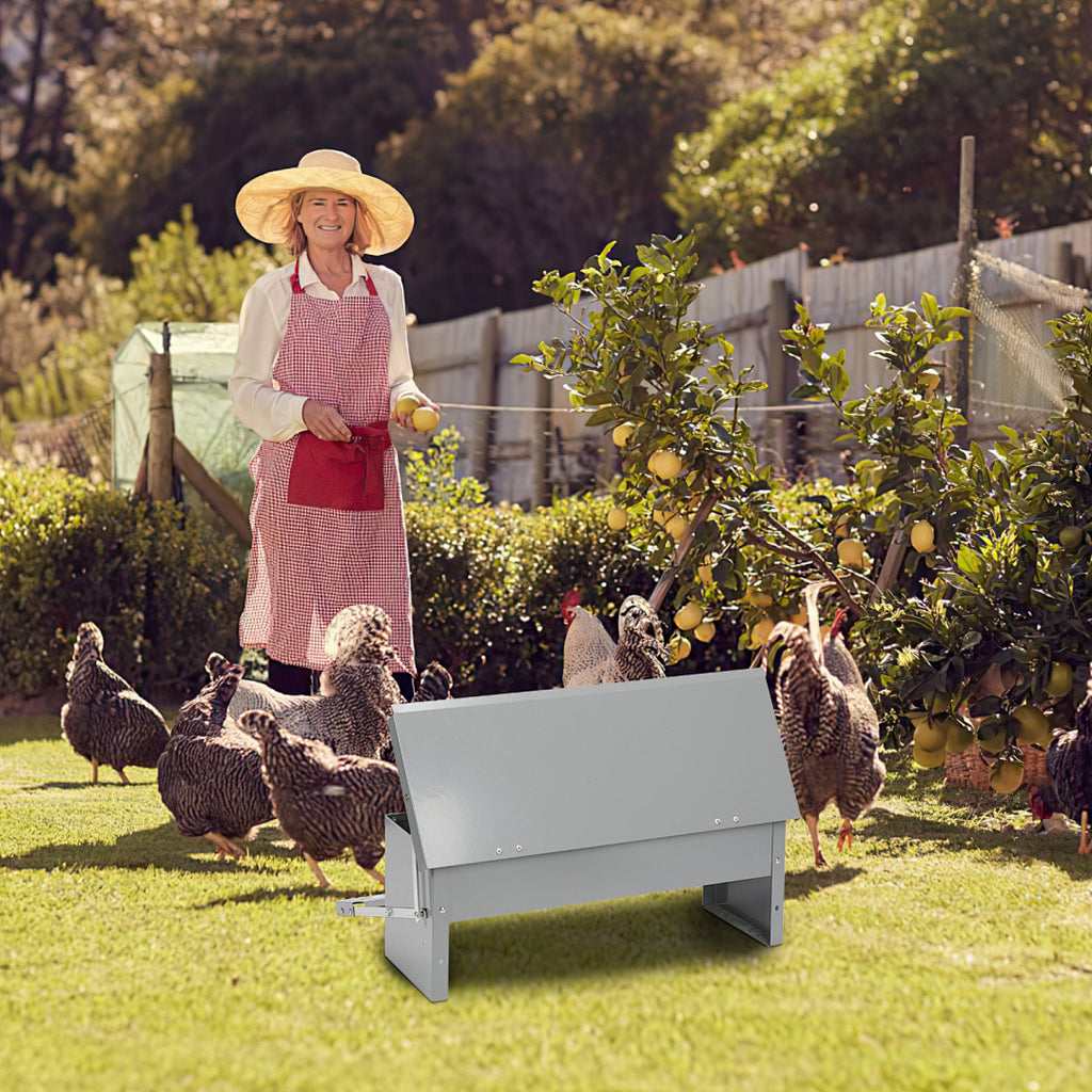 50 x 20 x 19 cm großer automatischer Futterautomat mit automatischem Fußschalter und wasserdichter Abdeckung, Futtertrog aus verzinktem Stahl für Geflügel, 5-kg-Futterautomat (mit Rattenschutz), nur Futterautomat / Futterautomat + mit Edelstahlschaufel