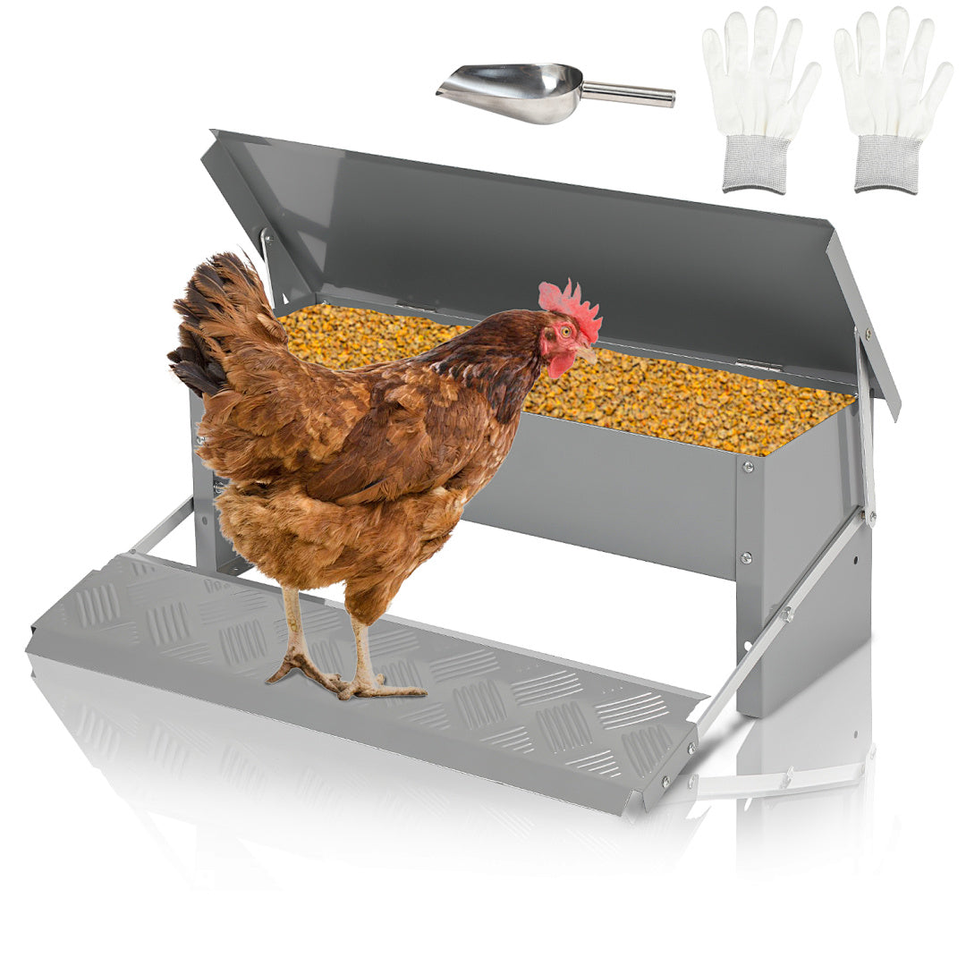 50 x 20 x 19 cm großer automatischer Futterautomat mit automatischem Fußschalter und wasserdichter Abdeckung, Futtertrog aus verzinktem Stahl für Geflügel, 5-kg-Futterautomat (mit Rattenschutz), nur Futterautomat / Futterautomat + mit Edelstahlschaufel