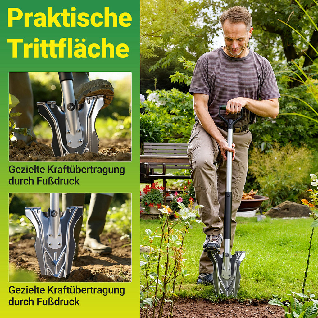 Eine Spaten mit gezacktem Blatt, geeignet für harten, steinigen Boden, 120 cm lang, mit breiter Schneide und ergonomischem Griff; V-förmiger Spaten – ein robuster und langlebiger Gartenspaten, der das Graben erleichtert