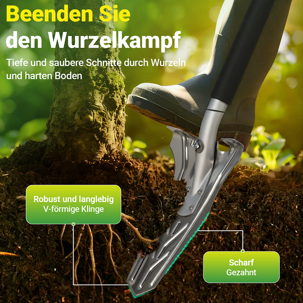 Eine Spaten mit gezacktem Blatt, geeignet für harten, steinigen Boden, 120 cm lang, mit breiter Schneide und ergonomischem Griff; V-förmiger Spaten – ein robuster und langlebiger Gartenspaten, der das Graben erleichtert