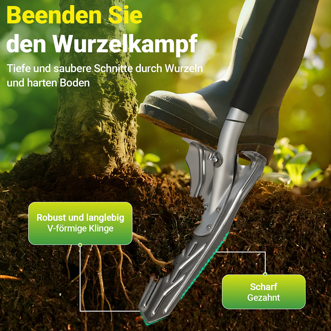 Eine Spaten mit gezacktem Blatt, geeignet für harten, steinigen Boden, 120 cm lang, mit breiter Schneide und ergonomischem Griff; V-förmiger Spaten – ein robuster und langlebiger Gartenspaten, der das Graben erleichtert