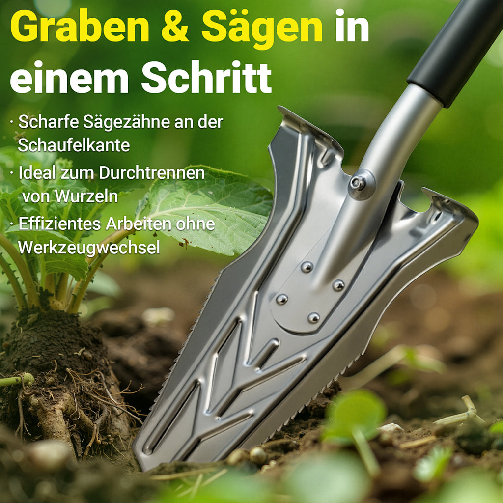 Eine Spaten mit gezacktem Blatt, geeignet für harten, steinigen Boden, 120 cm lang, mit breiter Schneide und ergonomischem Griff; V-förmiger Spaten – ein robuster und langlebiger Gartenspaten, der das Graben erleichtert