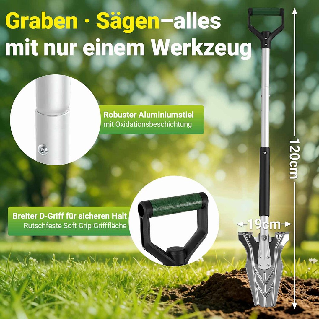 Eine Spaten mit gezacktem Blatt, geeignet für harten, steinigen Boden, 120 cm lang, mit breiter Schneide und ergonomischem Griff; V-förmiger Spaten – ein robuster und langlebiger Gartenspaten, der das Graben erleichtert