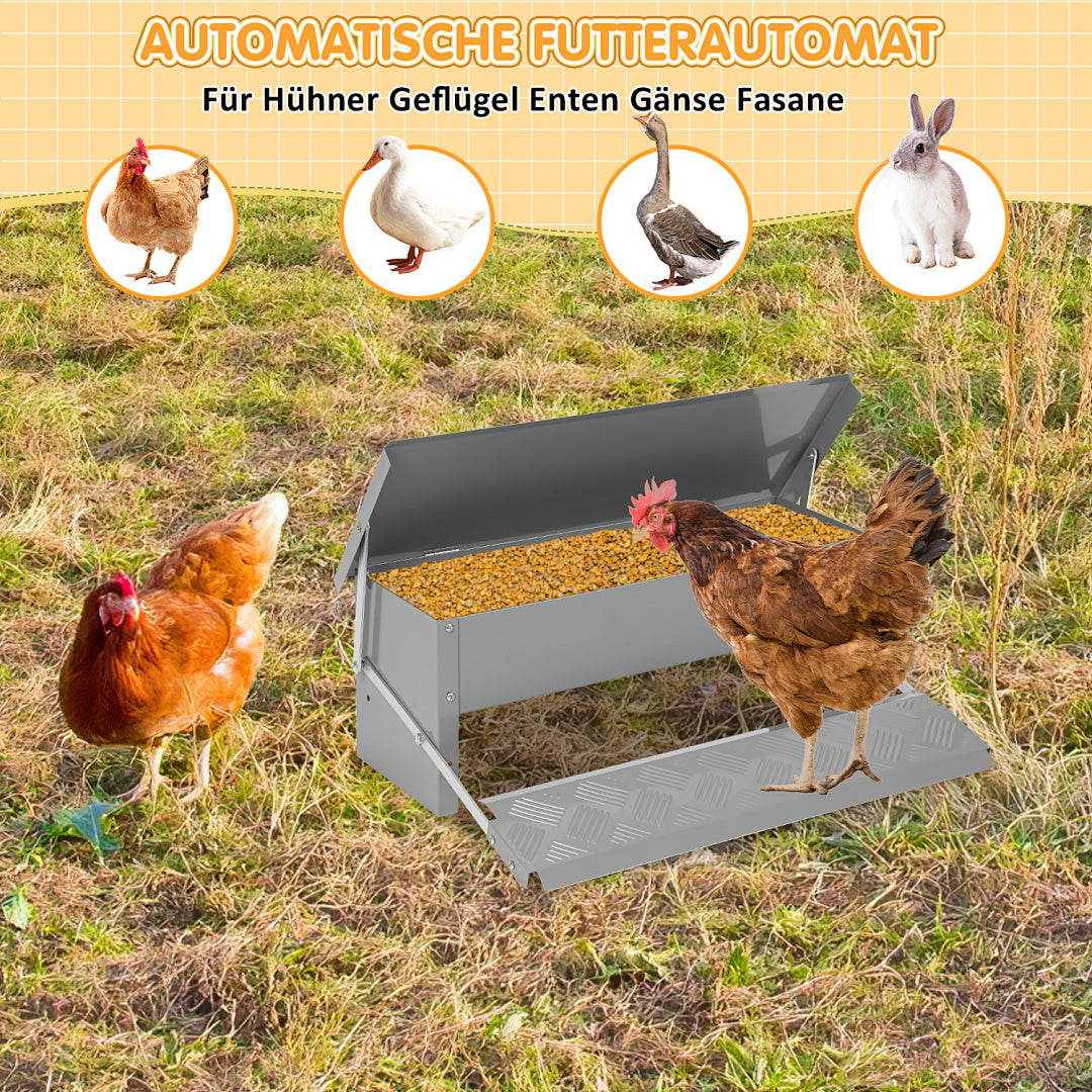 50 x 20 x 19 cm großer automatischer Futterautomat mit automatischem Fußschalter und wasserdichter Abdeckung, Futtertrog aus verzinktem Stahl für Geflügel, 5-kg-Futterautomat (mit Rattenschutz), nur Futterautomat / Futterautomat + mit Edelstahlschaufel