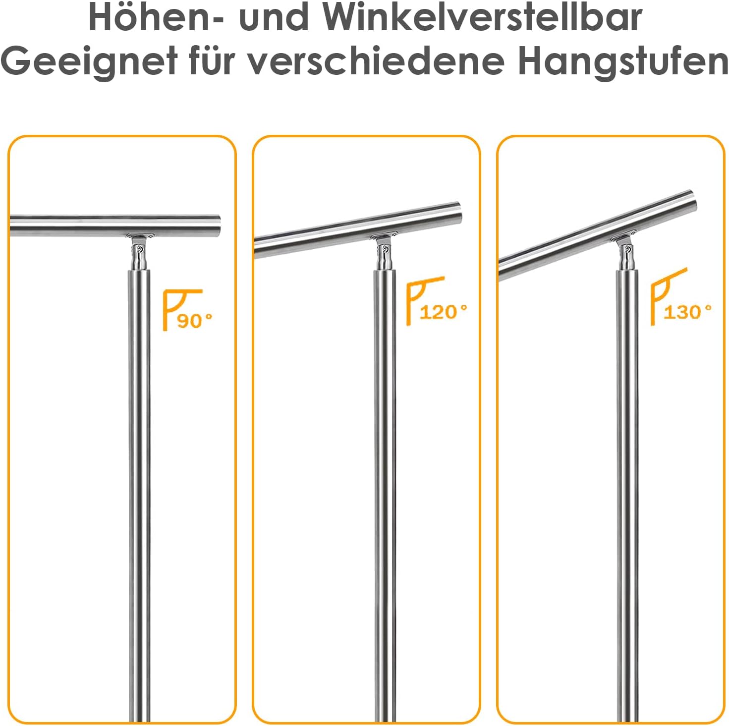 Handlauf Edelstahl 80/100/120/150/160/180 cm, Treppengeländer mit 3 Querstreben | Rostfrei, Wetterfest, Gebürstet, Winkelverstellbar für Innen & Außen und für Treppen, Balkon & Eingang（副本）
