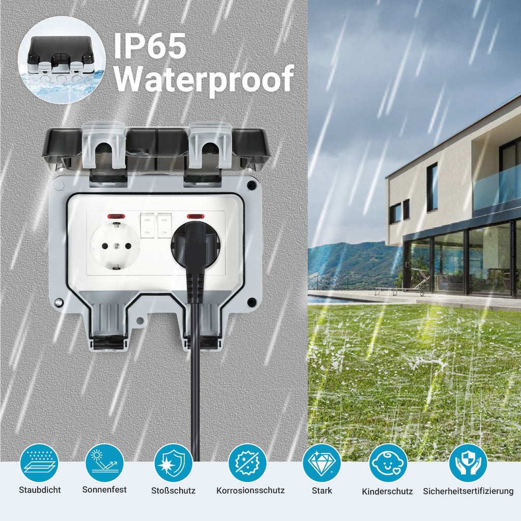 IP65 Wandsteckdose Außensteckdose Gartensteckdose – Wasserdicht, Schutzkontakt, Aufputz für den Outdoor-Bereich