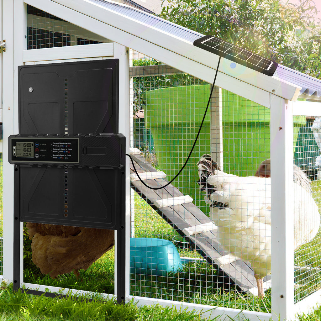 Automatisches Solartor für Hühnerställe mit LCD-Display und Fernbedienung | Elektrisches Hühnerstalltore mit Zeitschaltuhr, Hindernis-Stopp-Alarm, USB-C-Anschluss und Schutzklasse IPX4, geeignet für Hühnerställe, mit Einklemmschutz