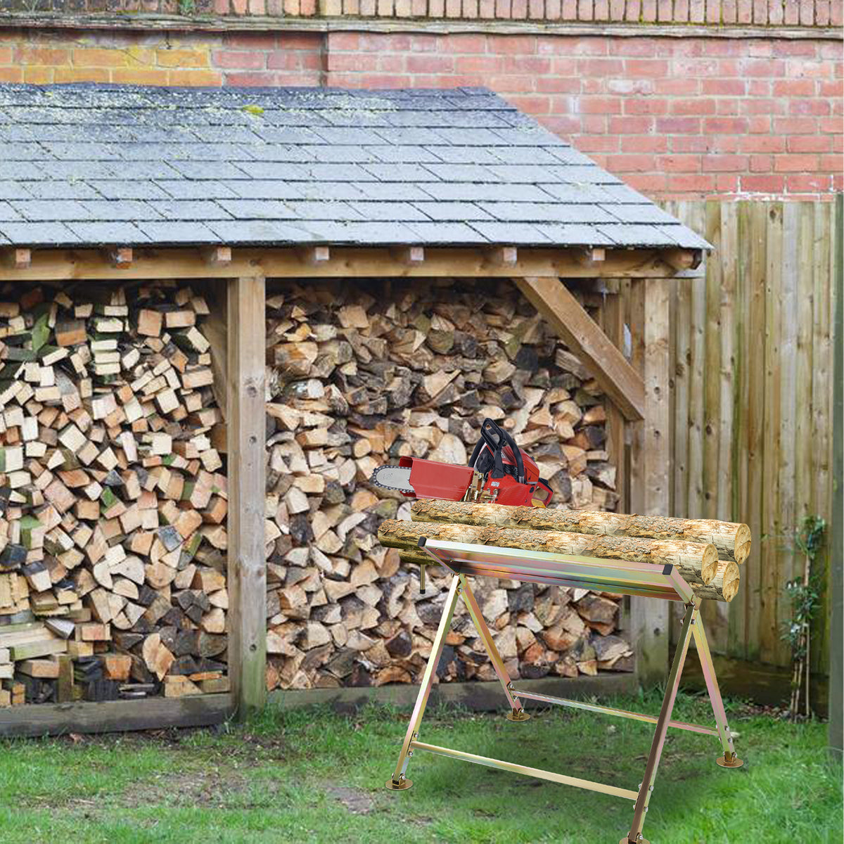 Verzinkter, klappbarer Holzsägeständer, geeignet zum Holzspalten und für Kettensägen, mit einer Tragkraft von bis zu 150 kg, goldfarben, 80 x 65 x 78 cm