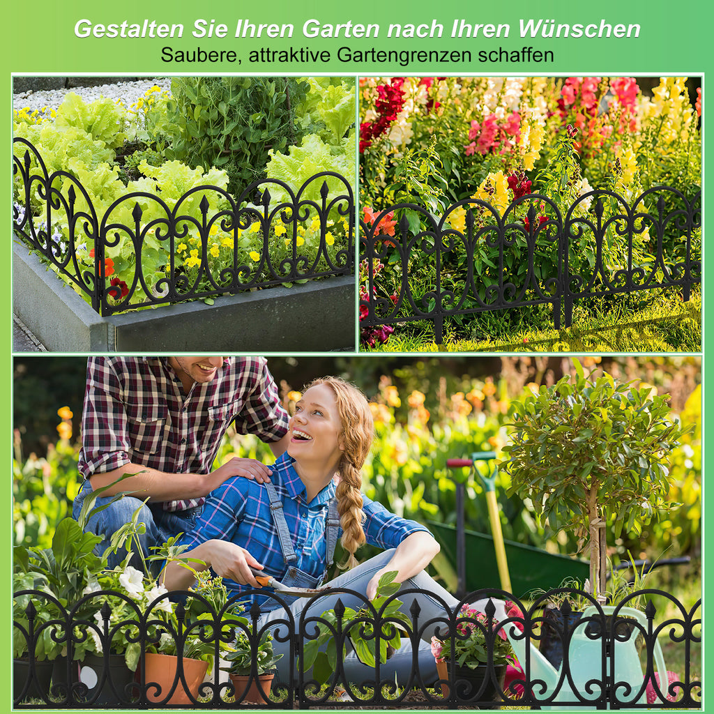 Blumenbeetumrandung aus Kunststoff, einsteckbare Blumenbeetränder, dekorative Umrandung, 33 cm hoch, mit Erdspießen, Set für Gartenblumenbeete, Retro-Stil, schwarz, in zwei Ausführungen erhältlich: 5-teiliges Set und 10-teiliges Set