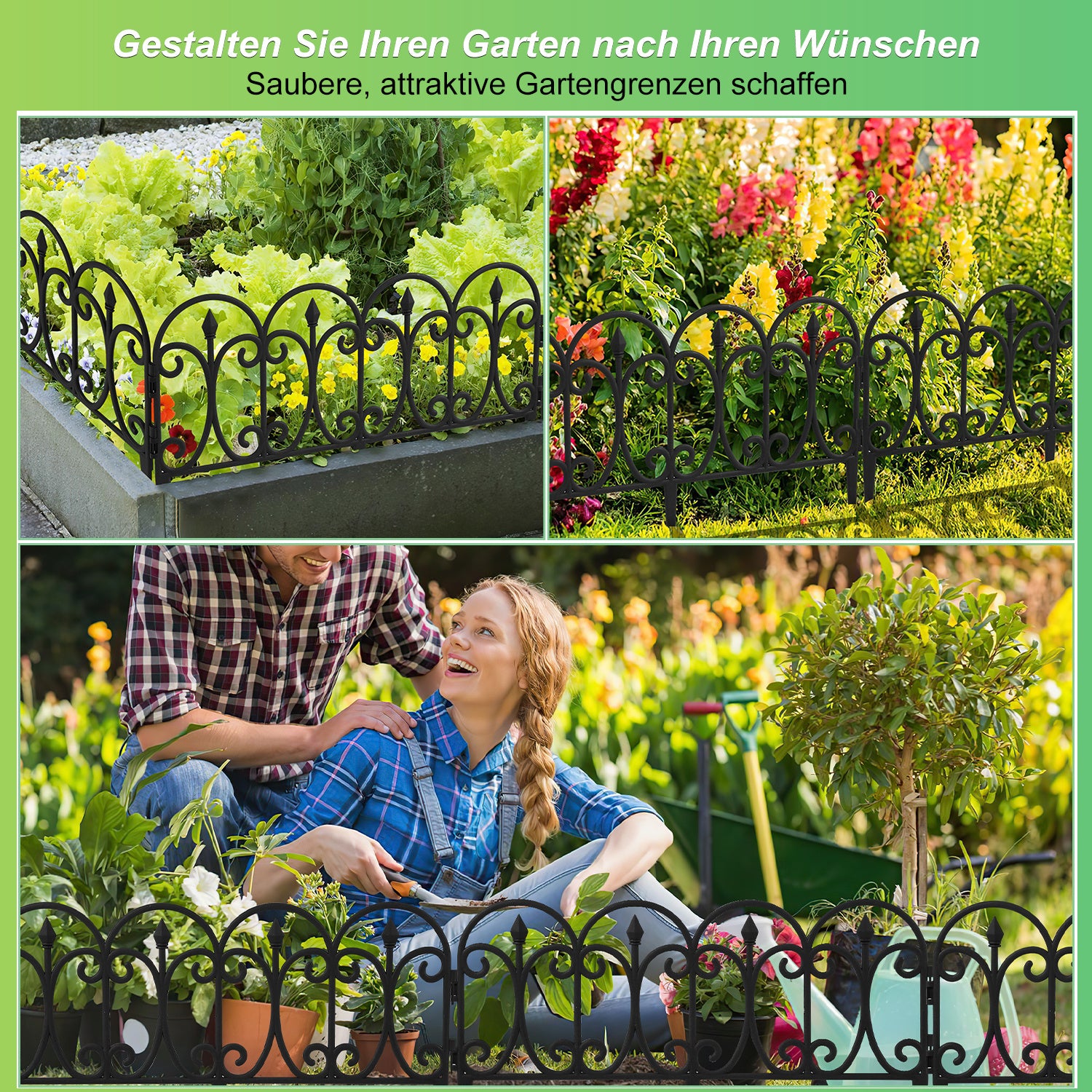 Blumenbeetumrandung aus Kunststoff, einsteckbare Blumenbeetränder, dekorative Umrandung, 33 cm hoch, mit Erdspießen, Set für Gartenblumenbeete, Retro-Stil, schwarz, in zwei Ausführungen erhältlich: 5-teiliges Set und 10-teiliges Set