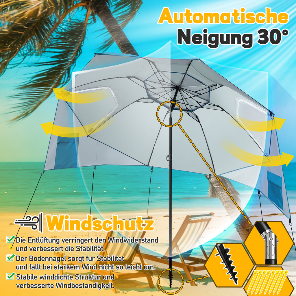 Strand-Sonnenschirm 2-in-1 – Kombinierter Schirm für Strand und Garten, geeignet für 2–4 Personen, UV50+ Sonnenschutz, multifunktionaler Sonnenschirm, Durchmesser 210 x 220 cm, mit Sichtfenster und Tragetasche, zusammenklappbar