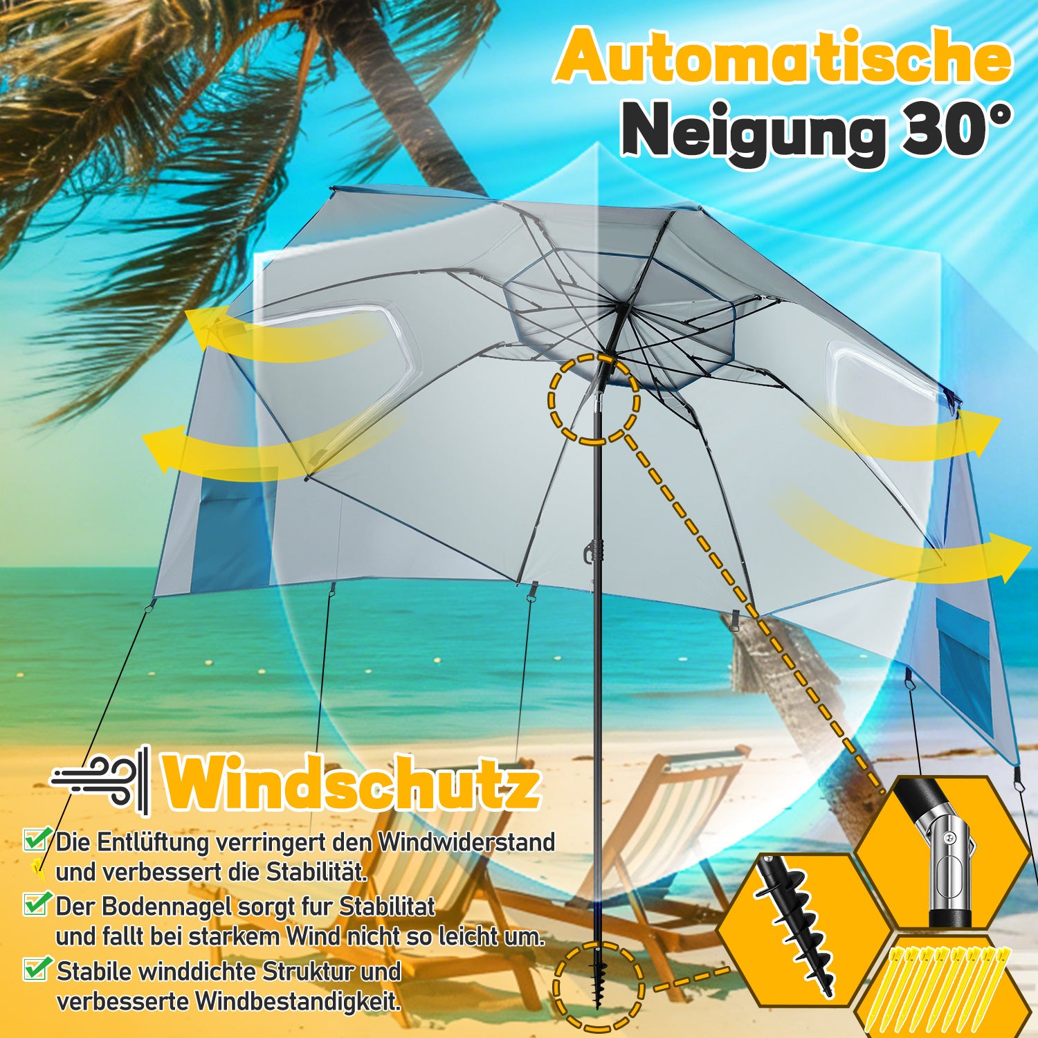 Strand-Sonnenschirm 2-in-1 – Kombinierter Schirm für Strand und Garten, geeignet für 2–4 Personen, UV50+ Sonnenschutz, multifunktionaler Sonnenschirm, Durchmesser 210 x 220 cm, mit Sichtfenster und Tragetasche, zusammenklappbar