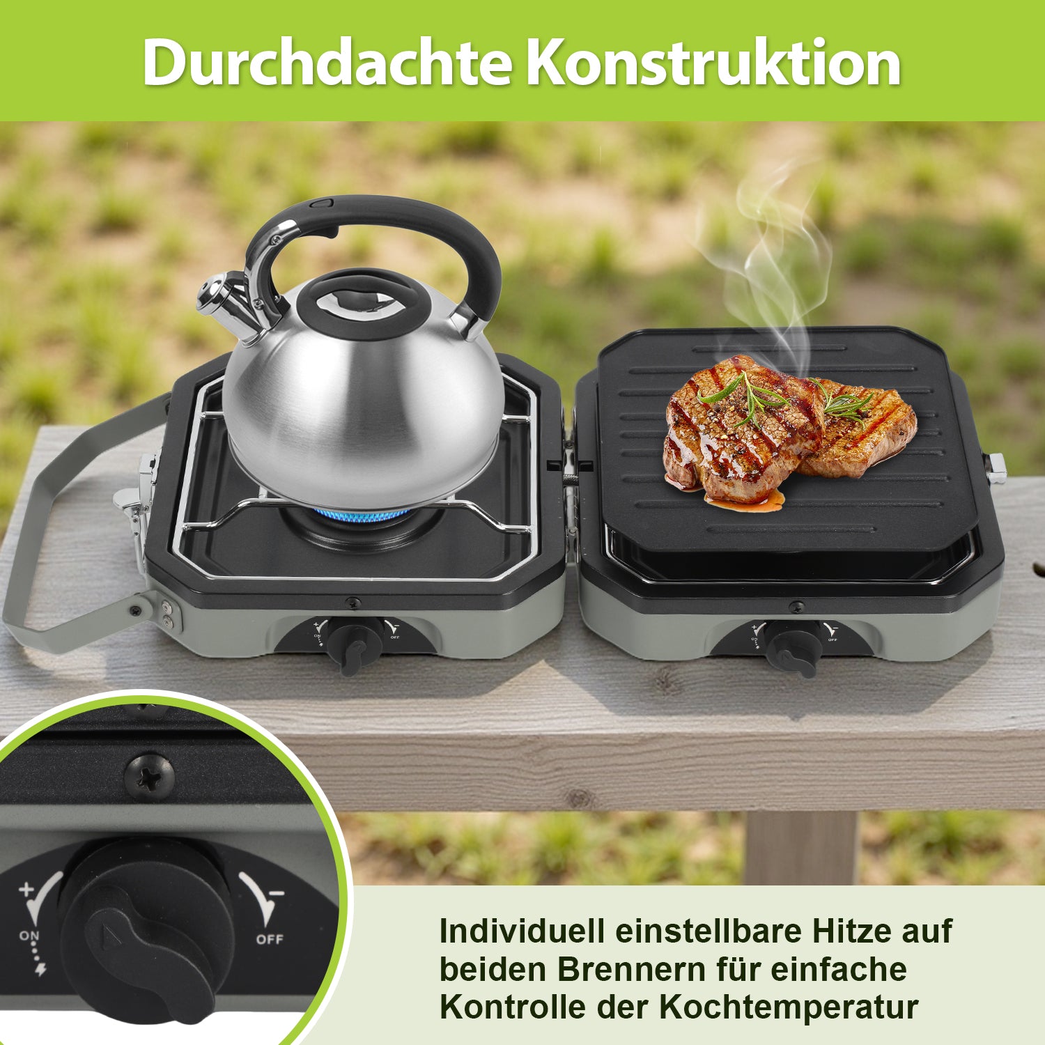 Campingkocher 2 Flammen 4,6 kW mit Grillplatte, Faltbarer Gaskocher mit Zündsicherung, Tragbarer Camping Gaskocher mit 0,5 m Schlauch & Tragetasche, Gasherd für Camping Vanlife Outdoor Küche